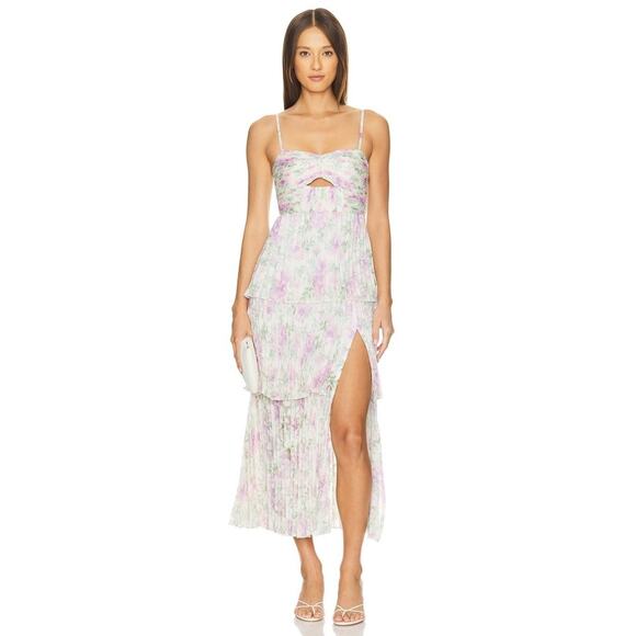 ASTR the Label Emmi Bustier Floral Pleated Midi Dress in Purple